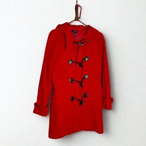Chaps Button Down Mid-length red wool coat with antler-like buttons; hood size M